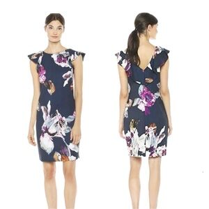 Trina Turk Jasey Ruffle Sleeve Shift Dress - Lush Roses Scuba Print